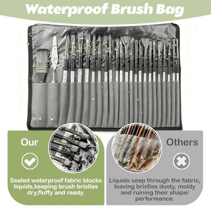 Professional 24Pcs Paint Brushes Set: Wooden Handle Nylon Bristles for Acrylic Oil Watercolor Gouache Painting Outdoor Landscape Sketching Traveling Artists