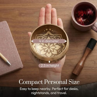 Silent Mind Tibetan Singing Bowl Set – Easy to Play & Beginner Friendly Meditation Bowl with Cushion & Mallet | Stress Relief & Mindfulness | Gift-Ready - color: Matte Gold, size: Without Case