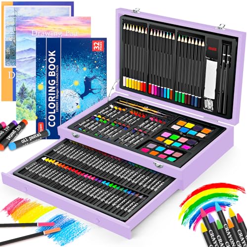 iBayam Art Case (150 pcs), Coloring Painting Art Kit, Travel Activity Set | Sketchbook, Coloring Book, 24 Colored Pencils, 24 Oil Pastels, 24 Watercolor, 60 Crayons, Great Girls Toys Age 6-16 - color: Purple