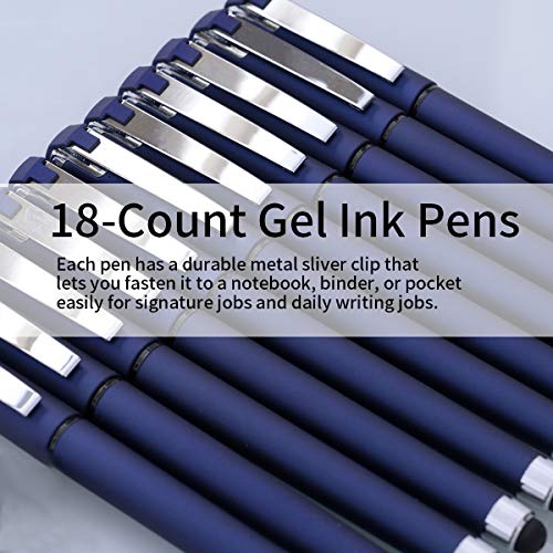 Black Gel Ink Rollerball Pens 0.7mm Gel Pens 2-in-1 Stylus Pens Medium Point Pen for Office, Black Ink (18 Pack-Blue)