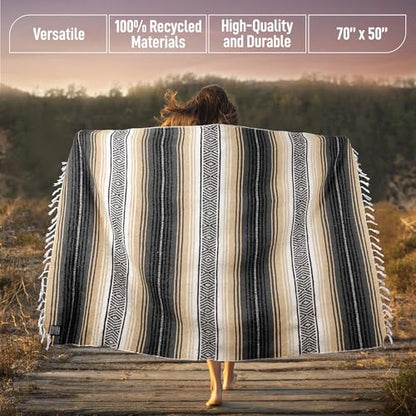 Authentic Large Handwoven Mexican Blanket - Soft Yoga Blankets - Durable Serape - Lightweight Falsa Blanket, Beach, Camping, Picnic, Equestrian Saddle, Outdoor Blankets 70"x50" - Sand - color: Sand