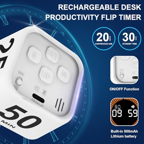 Rotating Cube Visual Pomodoro Timer 5, 25, 10, 50 Min Preset+Custom Mode | Rechargeable Desk Productivity Flip Countdown Timer, On/Off, Detachable Silicone Case, Ideal for ADHD Tool Study Work School - color: White