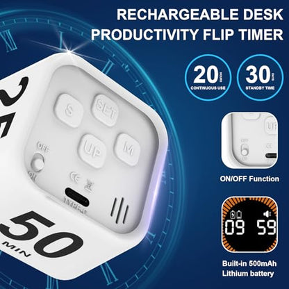 Rotating Cube Visual Pomodoro Timer 5, 25, 10, 50 Min Preset+Custom Mode | Rechargeable Desk Productivity Flip Countdown Timer, On/Off, Detachable Silicone Case, Ideal for ADHD Tool Study Work School - color: White