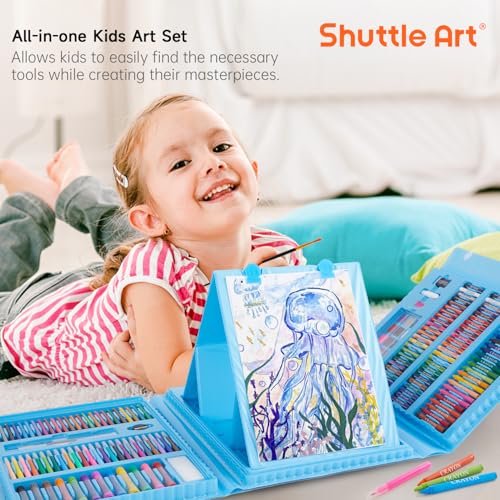 Shuttle Art 335 Piece Kids Art Set, Multi-Media Art Supplies, Gift Art Kit with Trifold Easel, 2 Drawing Pads, 2 Coloring Books, Oil Pastels, Crayons, Watercolors, Markers, Colored Pencils (Blue) - color: Blue-335 Piece