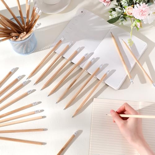 TecUnite 60 Pcs HB Pencils #2 Unsharpened Wood Cased Pencils with Eraser Hexagonal Pencil Cute Graphite No 2 Pen for Adults Gifts Exam School Office Sketching Learning (Wood Color, Silver) - color: Wood Color, Silver