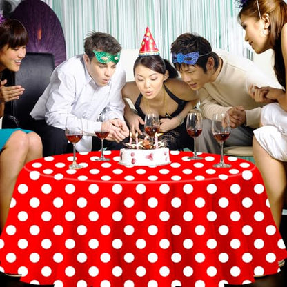 3 Pack Red and White Polka Dots Tablecloth Red Round Table Cover with White Polka Dot Round Plastic Table Cloth 84 in Round for Kitchen Dining Wedding Party