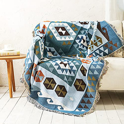 Luxlovery Blue Bohemian Sofa Throw Blankets Ethnic Woven Boho Geometric Blue and Khaki Throw Blanket for Couch Aztec Bed Throws Oversized Chair Sofa Cover with Tassels(63"x86") - color: Blue Turkey, size: 63"x86",160x220cm