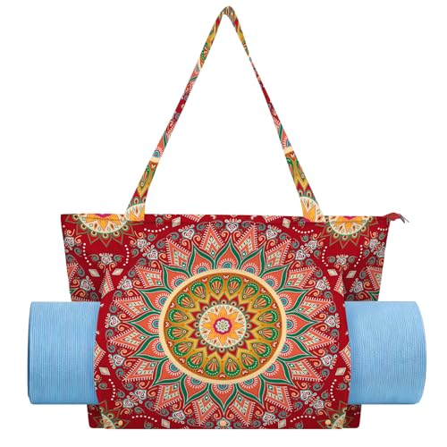 Mandala Yoga Mat Bag Large Yoga Bags and Carrier Fits All Your Stuff Yoga Tote Bags with Zipper Pocket Pilates Bag - color: Red