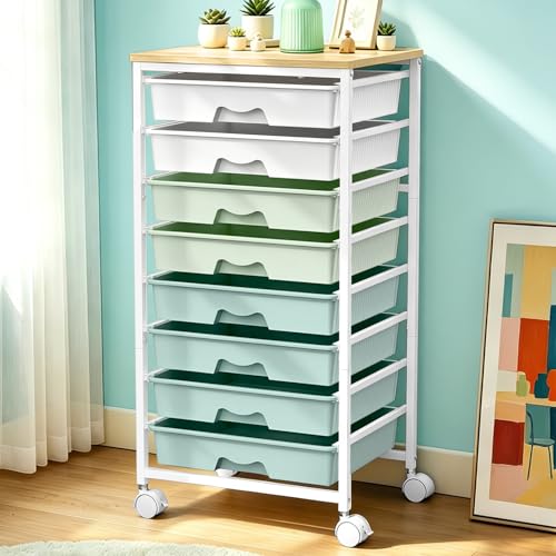 SUNALLY Rolling Cart With 8 Drawers,Storage Drawer Cart for Craft Art,Green | Storage Utility Cart with Wooden Tabletop & 2 Lockable Wheels, Teacher Storage Cart for Classroom School Storage, Makeup,Nail - color: Green