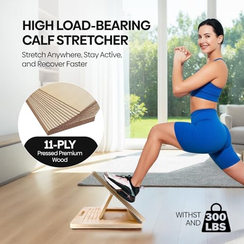 Wooden Slant Board for Calf Stretching - 6 Adjustable Angles, 400 Lbs Capacity Calf Stretcher Slant Board for Squats, Knees, Ankle, Leg, Heel & feet, Squat Wedge & Physical Therapy Equipment
