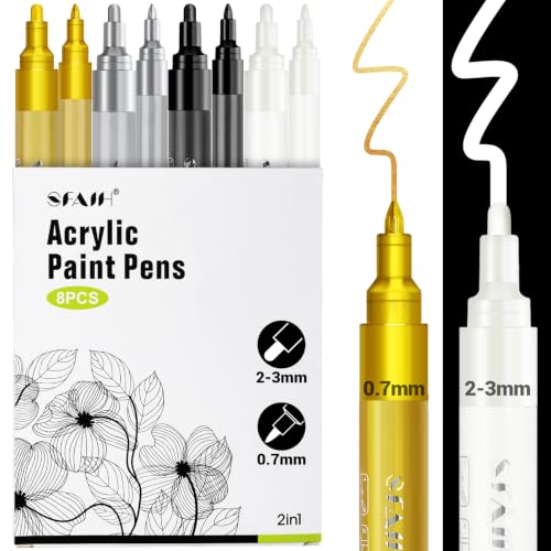 SFAIH Acrylic Paint Markers, 8 Count Pens 0.7M Extra Fine 2-3MM Medium Tips | High Coverage, High‑capacity Ink, DIY Home Decor, Rock Painting, Ceramic, Custom Crafts for Adults, Water-Resistant - color: Black & White & Gold & Silver