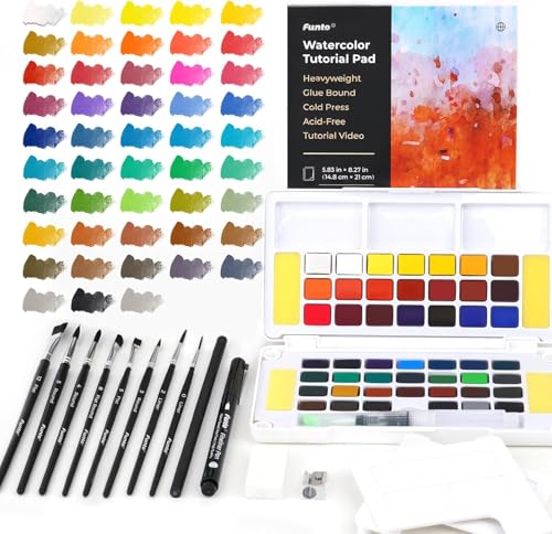 Funto Watercolor Paint Set, 48 Colors, Tutorial Pad, 8 Brushes,Water Brush Pen & More, Painting Set for Adults,Beginners,Professional - style: 48 Beginners Set