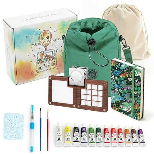 Mini Wooden Watercolor Paint Set, All-in-One Pocket Travel Art Kit: 15-Grid Palette, 12-Color Pigment, Brushes, Sketchbook, Clip, Sponge & Bags- Art Supplies Gift for Beginners & Artists DMCK004 - color: Botanical Green