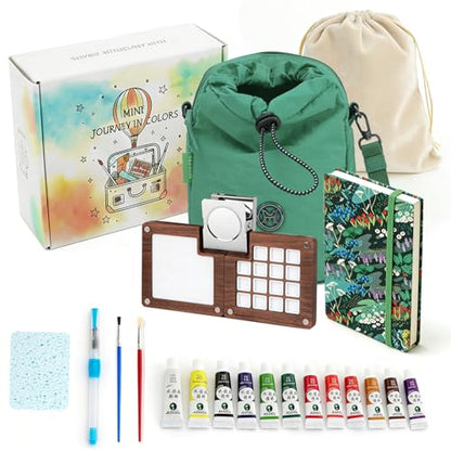 Mini Wooden Watercolor Paint Set, All-in-One Pocket Travel Art Kit: 15-Grid Palette, 12-Color Pigment, Brushes, Sketchbook, Clip, Sponge & Bags- Art Supplies Gift for Beginners & Artists DMCK004 - color: Botanical Green