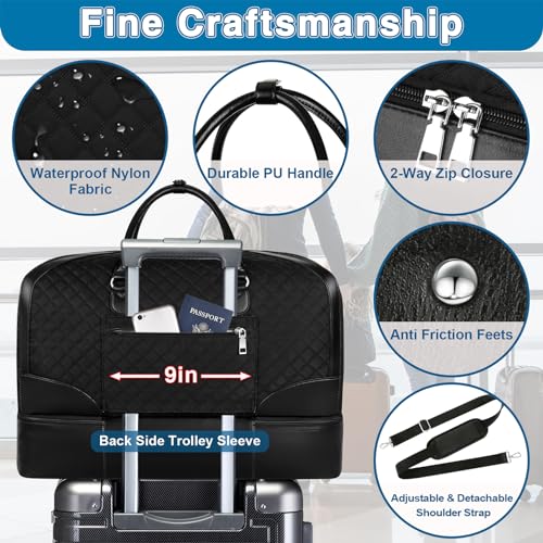 ITIEZY Weekender Bag for Women 21.5" Travel Duffel Large Carry On Bag 3PCS | Nylon Duffel Bag with Waterproof Shoe Compartment, Crossbody Bag and Toiletry Bag, Travel Weekend Hospital Overnight Gym Bag - color: 9-black