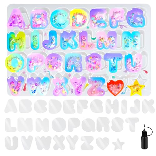 FUNSHOWCASE Alphabet Resin Shaker Molds Kawaii Keychain Charm Set Pack of 58 Silicone Trays Seal Films Precision Tip Applicator Bottle Kit Bundle - color: Alphabet Craft Pack of 58