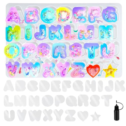 FUNSHOWCASE Alphabet Resin Shaker Molds Kawaii Keychain Charm Set Pack of 58 Silicone Trays Seal Films Precision Tip Applicator Bottle Kit Bundle - color: Alphabet Craft Pack of 58