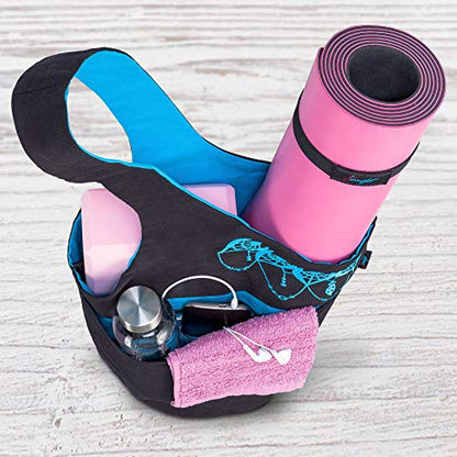 Yoga Mat Bag & Carrier with Pockets for Women - color: Black & Azure Blue