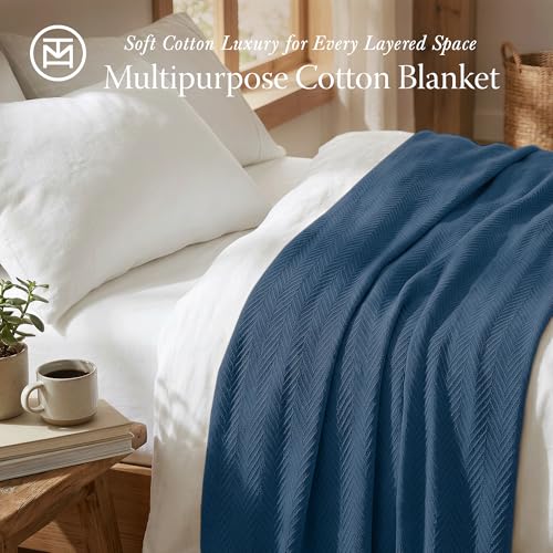 Threadmill Luxury 100% Cotton Twin Herringbone Blanket, Folkstone Blue - color: Folkstone Blue, size: Twin (68" x 92")