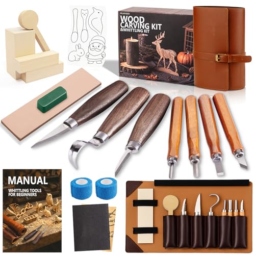 Wood Carving Kit Whittling Kit: Wood Carving Knife Tools with Leather Case | Woodworking Hobby Kit for Beginners Adult Kids, Relaxing Creative Projects, DIY Art Craft Gift for Men Teens - color: Brown(Lite Version)