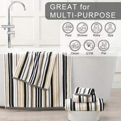 VOOVA & MOVAS Striped Towels 6 Pack, 100% Cotton, Black - color: Gray + Black Striped, size: 6 PCS Bathroom Towels