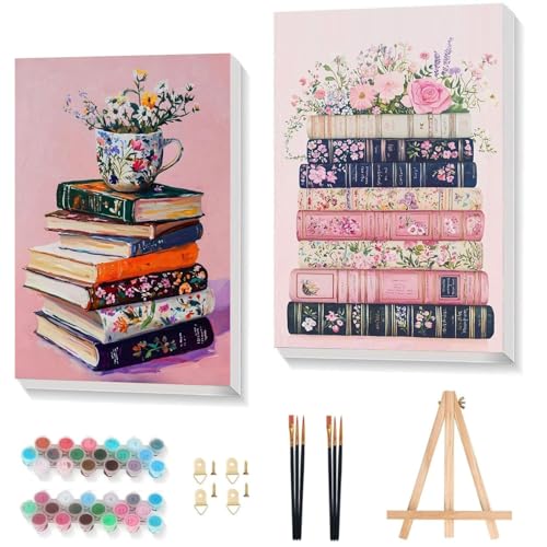 Gemozaic 2 Packs Framed Paint by Numbers Kit for Adults, Pink Floral Books | Book Paint by Number for Adults, DIY Acrylic Numbers Painting for Beginners for Gift Home, Office, Wall Decor, 8 x 12 Inch - color: BKH2382+BKH2433