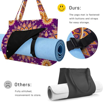 Mandala Yoga Mat Bag Large Yoga Bags and Carrier Fits All Your Stuff Yoga Tote Bags with Zipper Pocket Pilates Bag - color: Purple-01