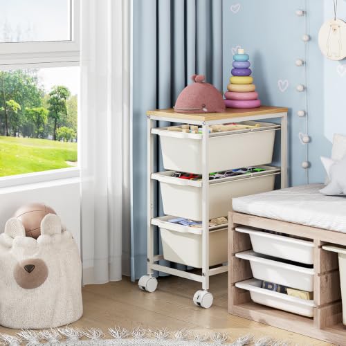 KINGBOARD Slim Rolling Cart with 3 Drawers, Metal Utility Storage Cart | Wooden Tabletop, Lockable Wheels, Under Desk Trolley for Bedroom, Children's Room and Office Organization, White - color: White, size: 3-Tier