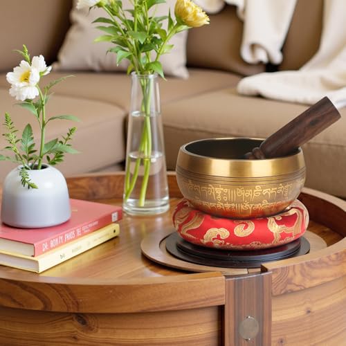 AKLOT HandMade Meditation Singing Bowl: Tibetan Sound Bowl Set with Pure Tone, Sound Bath Bowl with Cushion, Mallet, Spiritual Gift for Chakra Clearing, Mind Healing, Yoga, Prayer, Relaxation (4 Inch) - color: 4 inch Flower