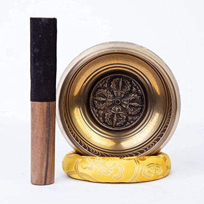 Large Tibetan Singing bowl Set - Bronze Style - Easy To Play - 5" Sound Yoga Bowl Mantra Design Mindfulness Meditation Healing Sound Gift By Himalayan Bazaar - color: Dorje - 5 Inch