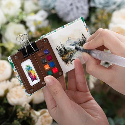 Qilery Mini Portable Watercolor Palette Set Wooden Grid Paint Box Watercolor Paper Sketch Book Brush Pens with Binder Clip for Painters Artist Not Include Paint(Mountain Chrysanthemum) - style: Mountain Chrysanthemum
