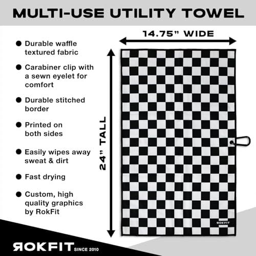 RokFit Gym & Golf Towel – Multi-Use, Quick-Dry, Durable Utility Towel with Bold Graphic and Carabiner Clip (Checker) - color: Checker