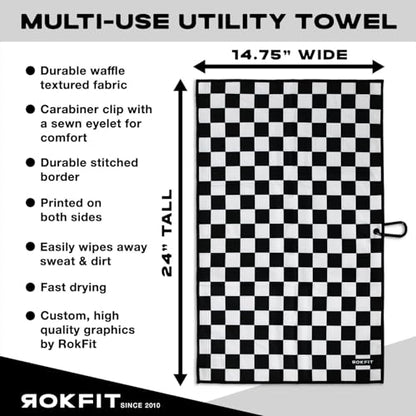 RokFit Gym & Golf Towel – Multi-Use, Quick-Dry, Durable Utility Towel with Bold Graphic and Carabiner Clip (Checker) - color: Checker