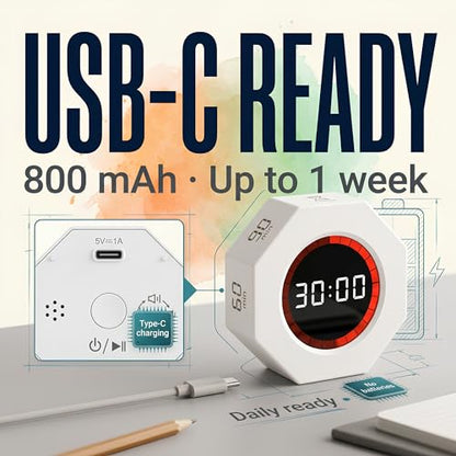 Multi-Function Electronic Timer, Learning Management - USB-C Rechargeable Flip Timer with Presets, Silent Mode & Vibration - Ideal for ADHD, Pomodoro, Classroom, Kids, Kitchen & Chess Clock