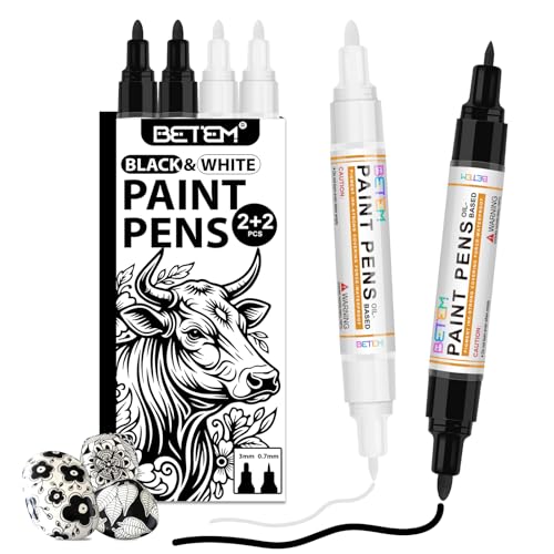 Betem 4 Oil Based Black White Paint Pens, Permanent Fabric Paint Markers | Dual Tip(0.7mm & 3mm), Waterproof, Quick Dry, for Rock Painting, Tire, Wood, Plastic, Ceramic, Metal, Rubber, Mugs, Canvas - color: 2 Black & 2 White