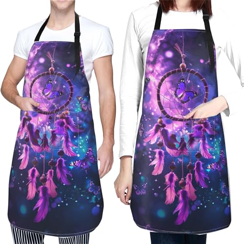 Artist Painting Apron with 2 Pockets Painters Art Aprons Gifts for Women Men - color: Purple Dream Catcher With Butterflies