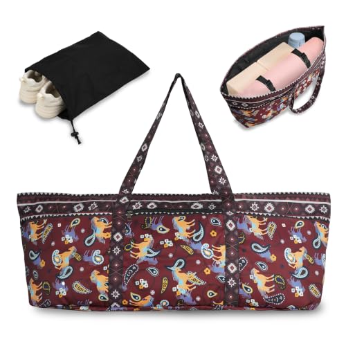 Yoga Mat Bag Yoga Tote Bag with Large Waterproof Zipper Pocket and Drawstring Pocket Yoga Mat Bag Carrier Fit Most Size Mats and All You Stuff - color: dark red