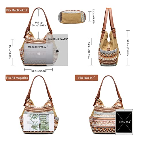 Worldlyda Women Canvas Hobo Purse Multi Pocket Tote Shopper Shoulder Bag Casual Top Handle handbag with Embroidery Ethnic - color: Be06brown Pattern 1