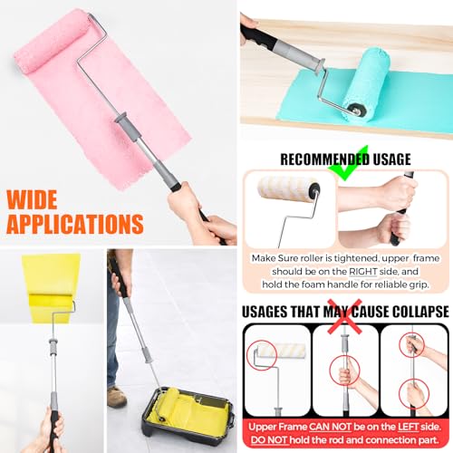 6pcs House Paint Roller Kit, 9 inch Extendable Roller Frame with 5 Microfiber Roller Covers 1/2" Nap, Adjustable Painting Roller (18" - 36") for Walls, Ceilings, Floor, Home Painting Supplies