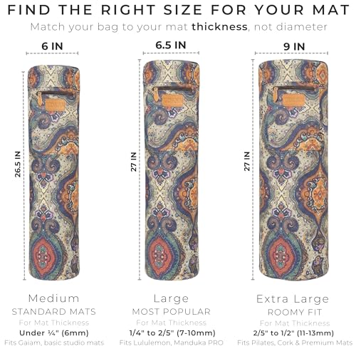 UDANA Canvas Yoga Mat Bag for Women & Men, Full-Zip Carrier with 3 Pockets & Adjustable Strap, Stylish Gym & Pilates Bag – Available in Multiple Sizes - color: Bohemian Paisley, size: Large: 1/4" to 2/5" (7-10mm) Thick Mats