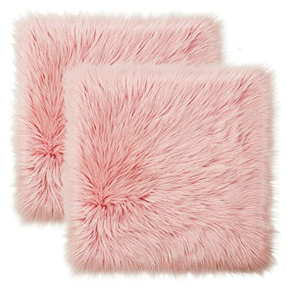Softlife Pink Faux Fur Sheepskin Chair Cover 2 PCs Seat Cushion Pad Super Soft Area Rugs for Living Bedroom Sofa Dorm (1.6ft x 1.6ft) - color: Pink-2pcs