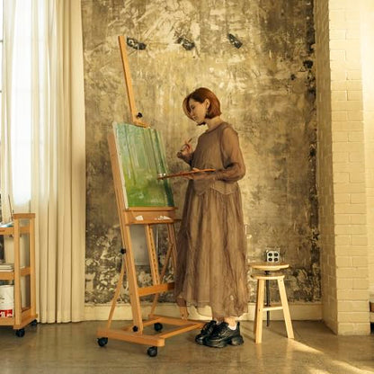 MEEDEN Large Studio H-Frame Beech Wood Artist Easel - Adjustable Movable Tilting Easel, Floor Painting Easel Stand, Holds Canvas Art up to 48" - color: Natural, size: Easel with Wheels