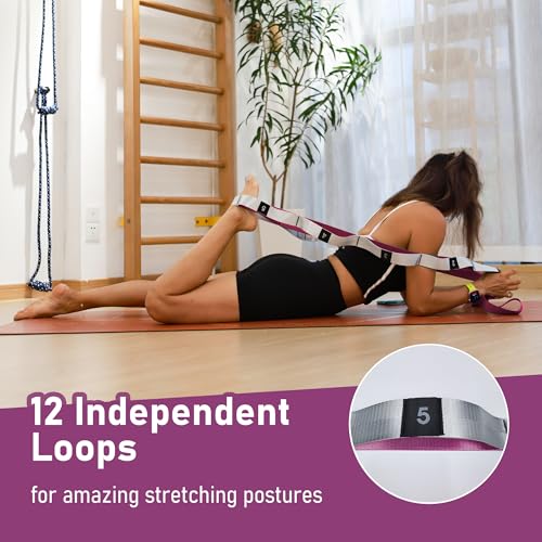 Stretch Bands for Exercise, Non Elastic Yoga Stretching Strap with Loops, 3.8cm x 2.45m, Stretching Bands for Physical Therapy, Yoga, Pilates, Dance, Gymnastics Exercise - color: Pink