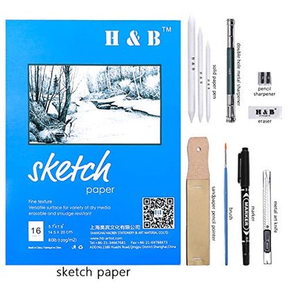 H & B 72PCS Drawing Pencils Set Sketching Kit, Art Supplies with Sketchbook | All-in-One Pro Art Kit with Travel Case - Perfect for Artists Adults Beginners to Draw, Shade, Blend & Color - Ready to Use