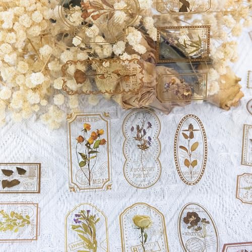 Bomichi 120 Pcs Flowers Stamp Stickers, Vintage Aesthetic Scrapbook Supplies for Junk Journal Bullet Therapy Planner Laptops Card Making Supplies - style: Transparent Flower Stamps
