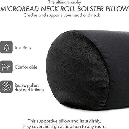 Microbead Bolster Neck Roll Pillow, 14x8 in Cylinder Tube, Black | Silky smooth face helps prevent sleep creases and hair breakage, light squishy support for head and shoulders, travel ready - color: Black