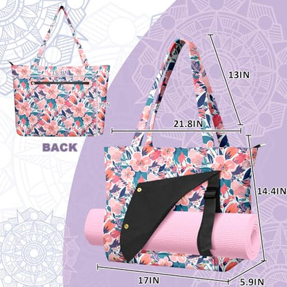 Yoga Bag for Women, Large Canvas Yoga Mat Tote Bag with Yoga Mat Carrier | Large Mat Pocket Fitness Tote for Pilates, Gym, Travel, Office & Beach - color: Pink Flower