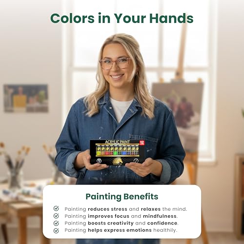 MyArtscape Heavy Body Acrylic Paint Set - 12 x 12ml Acrylic Paint | Rich pigment heavy body acrylic paint for canvas wood fabric with smooth blending and high opacity