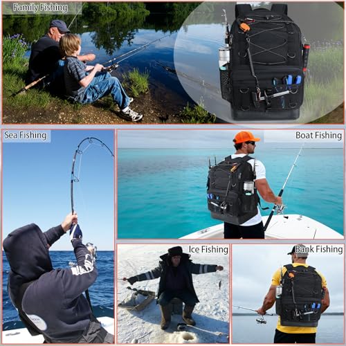 Fishing Backpack with Rod Holder, Heavy Duty Fishing Bag with Waterproof Bottom, Tackle Backpack Gifts for Man Woman-Black - color: Black