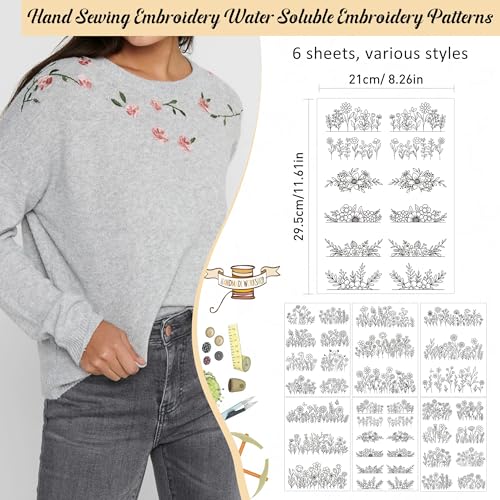 Water Soluble Stabilizer Embroidery Pattern - Flower Stick & Stitch Embroidery Paper Wash Away, Floral Frame Hand Sewing Embroider Patterns for Jean Bag T-Shirt (6 Sheets)